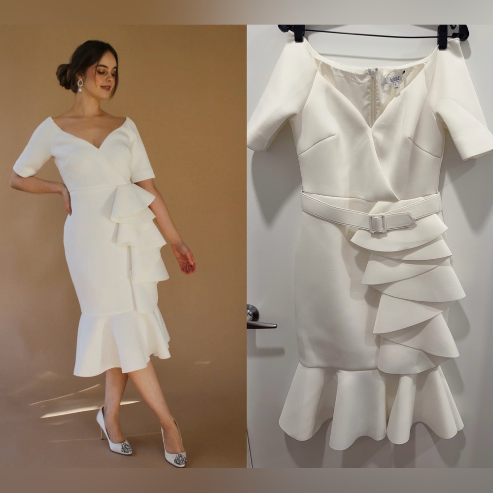 BADGLEY MISCHKA Belted ruffled scuba dress